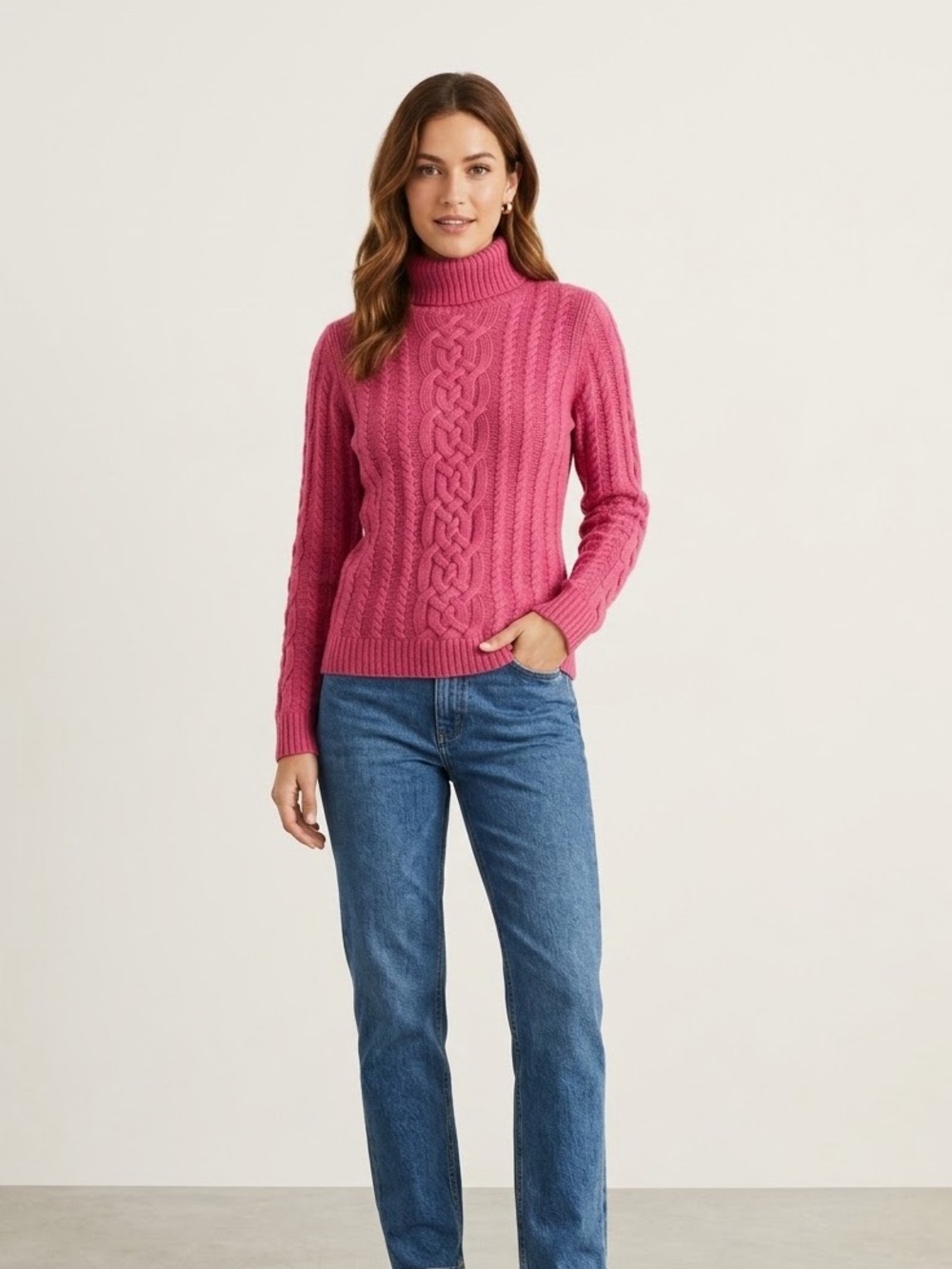 Vintage Pure Cashmere Pink Cable Knit Turtleneck Sweater Medium 100% Cashmere